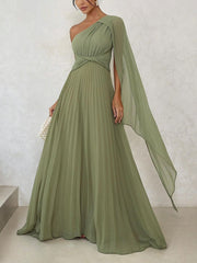 Elegant Flowing Pleated Off-the-Shoulder Maxi Dress